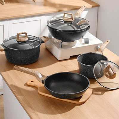 7Pcs Grey Nonstick Cookware Set with Glass Lids and Heat-Resistant Handles