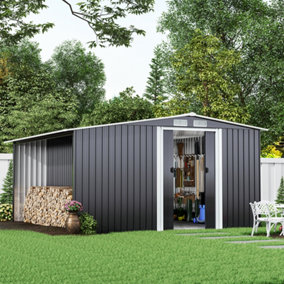 8.4 x 8.5 ft Metal Shed Garden Storage Shed Apex Roof Double Door with 8.5 x 2.1 ft Log Store,Black
