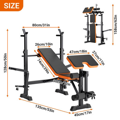 8 in 1 270KG Weight Bench Adjustable Bench Press Set with Squat Rack Olympic Workout Bench with Leg Developer Preacher Curl