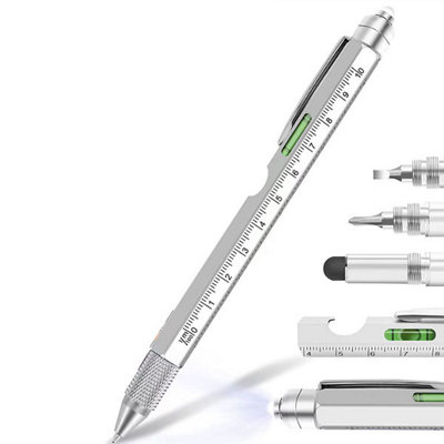 8 in 1 MultiTool Pen gadget with leveler Silver