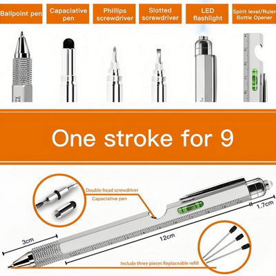 8 in 1 MultiTool Pen gadget with leveler Silver - 5
