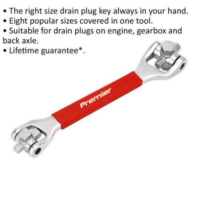 8-in-1 Oil Drain Plug Wrench - Hex & Square Keys - Various Sizes - Removal Tool