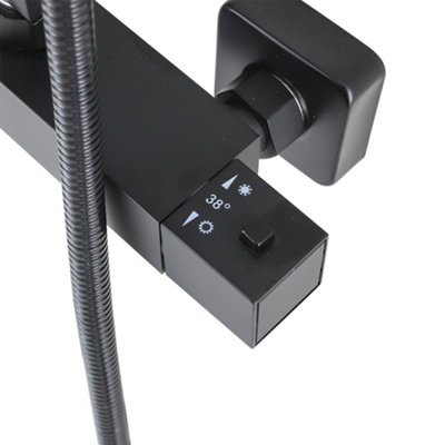 8 Inch Black Square Wall-mount Handheld Head and Rainfall Shower Head Bathroom Thermostatic Mixer Shower Set - 5