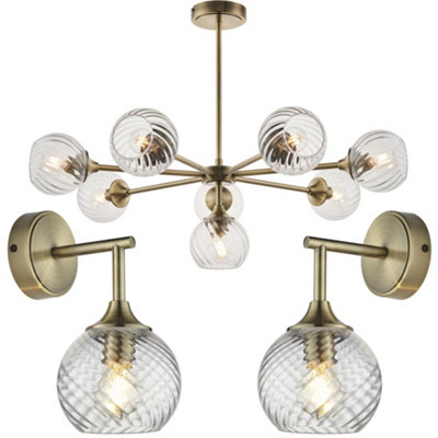 8 Light Pendant Lamp & 2x Matching Wall Lights - Antique Brass Clear Spiral Patterned Shade