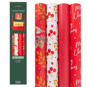 8 Metres Christmas Wrapping Paper Set Pack Red And White Woodland Theme With Raffia And Tags Xmas Presents Uniform