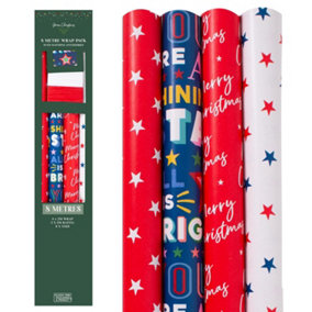 8 Metres Christmas Wrapping Paper Set Pack Red White Blue Star Theme  With Raffia And Tags Xmas Presents Uniform
