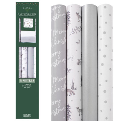 8 Metres Christmas Wrapping Paper Set Pack Silver And White Woodland Theme With Raffia And Tags