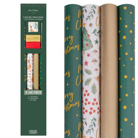 8 Metres Christmas Wrapping Paper Set With Raffia And Tags Pack Dark Green Woodland Theme Xmas Presents