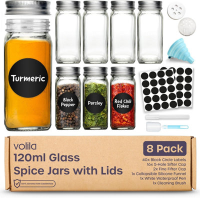 8-Pack 120ml Glass Spice Jars with Lids, Labels, Pen, Funnel & Sponge Refillable Square Jars for Herbs, Salt, Pepper & Seasoning