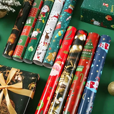 8 Pack Festive Christmas Gift Wrapping Paper Sheets Assorted Cartoon ...