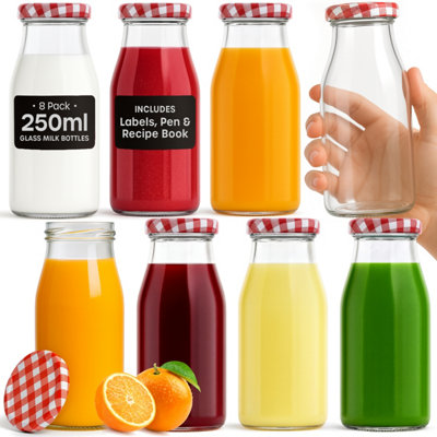 8 Pack Glass Milk Bottles with Red Gingham Lids 250ml Reusable Bottles ...