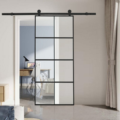 8 Panels Clear Glass Barn Door Intenal Sliding Door 90cm W x 205cm H with Hardware Track Kit 1.83m