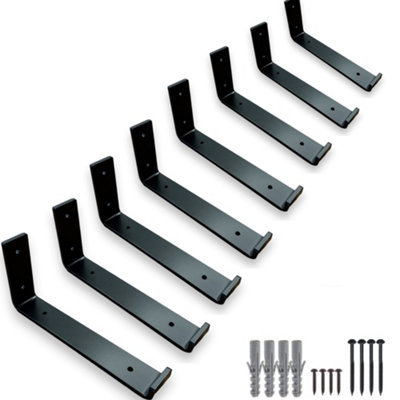 8 Pcs Heavy Duty Shelf Brackets, Industrial Steel, Wall-Mounted DIY Floating Shelves, 225mm, BLACK