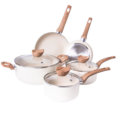 8-Piece Cookware Set Induction Pots and Pans with Lids - Cream Granite ...