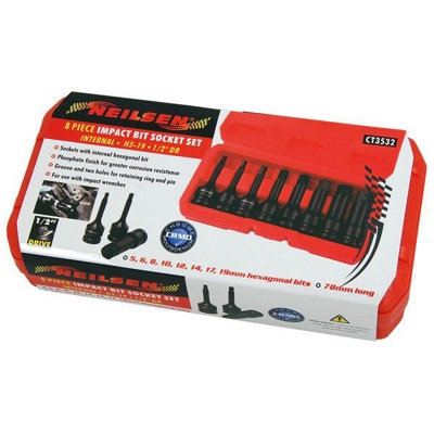 8 piece Impact Bit Socket Set, Int. Hex. 5-193m, 1/2" (Neilsen CT3532)