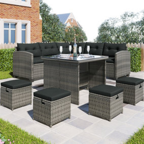 8 Piece Patio Dining Sofa Set, All Weather Wicker Rattan Sofa with Dining Table & Chair & 4 Ottoman, Grey Wicker + Grey Cushions