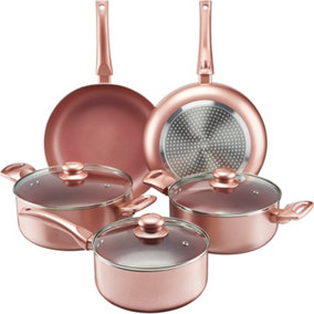 8 Piece Rose Gold Kitchen Cookware Set - Dishwasher Safe Aluminium Pots & Pans Set with Non-Stick Coating - Suitable for All Hobs
