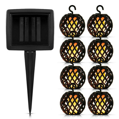 8-Piece Solar Rattan Ball String Lights with Flame Effect LED, Wireless Auto Light Control