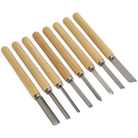 8 Piece Wood Turning Chisel Set - Steel Shafts & Tips - Long Softwood Handles