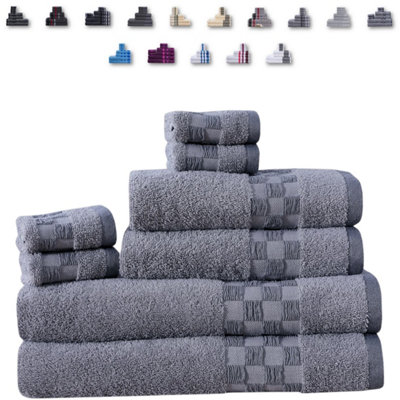8 Pieces Towel Set with 4 Face Towel 2 Hand Towels and 2 Bath 100% Pure Natural Cotton Bale set of Towels - Silver (Check Border)