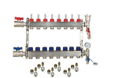 8 Ports Stainless Steel UFH Manifold with 15mm Pipe Connections, 1 inch Ball Valves, Automatic Air Vent & Pressure Gauge