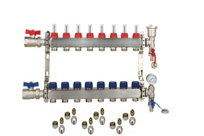 8 Ports Stainless Steel UFH Manifold with 16mm Pipe Connections, 1 inch