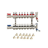 8 Ports Water Underfloor Heating Manifold with 15mm Pipe Connections, 1 inch Ball Valves, Automatic Air Vent & Pressure Gauge