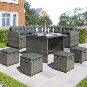 8 Seat Patio Garden Corner Sofa Furniture Set All Weather Wicker Rattan Outdoor Dining Set with Dining Table Chairs 4 Ottoman Grey