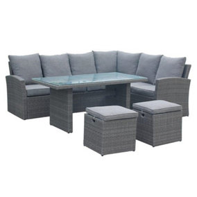 8 Seater 5 Piece Corner Dining Set - 3 Seater Sofa - 2 Seater + 2 Armrests, 2 Foot Stools with Rectangular Table + Cushions