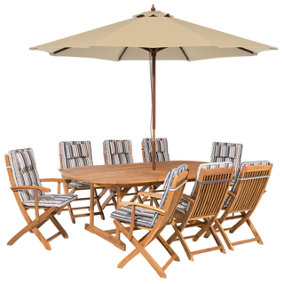 8 Seater Acacia Wood Garden Dining Set with Beige Parasol and Blue Stripes Cushions MAUI