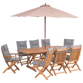 8 Seater Acacia Wood Garden Dining Set with Beige Parasol and Grey Cushions MAUI