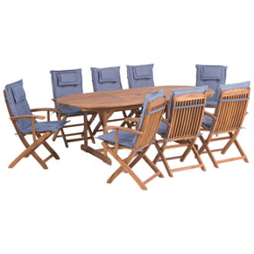 8 Seater Acacia Wood Garden Dining Set with Blue Cushions MAUI
