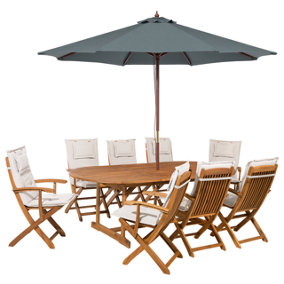 8 Seater Acacia Wood Garden Dining Set with Grey Parasol and Off-White Cushions MAUI