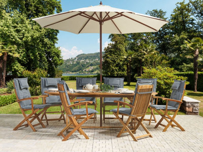 8 Seater Acacia Wood Garden Dining Set with Parasol and Grey Cushions MAUI