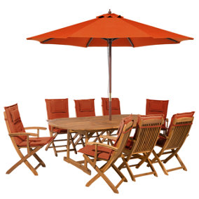 8 Seater Acacia Wood Garden Dining Set with Parasol and Red Cushions MAUI