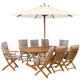 8 Seater Acacia Wood Garden Dining Set with Parasol and Taupe Cushions MAUI