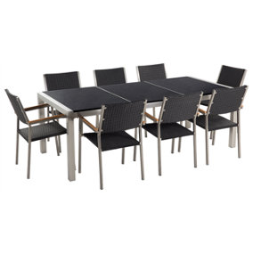 8 Seater Garden Dining Set Black Granite Top and Black Rattan Chairs GROSSETO