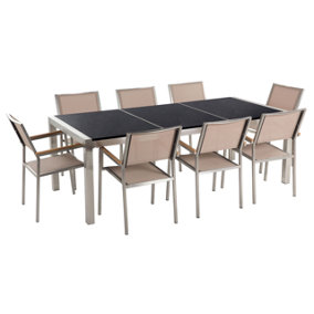 8 Seater Garden Dining Set Black Granite Triple Plate Top and Beige Chairs GROSSETO
