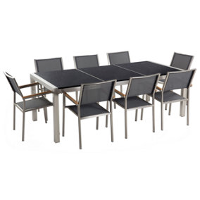 8 Seater Garden Dining Set Black Granite Triple Plate Top and Grey Chairs GROSSETO