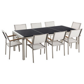 8 Seater Garden Dining Set Black Granite Triple Plate Top and White Chairs GROSSETO