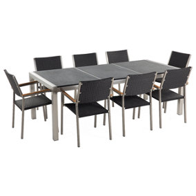 8 Seater Garden Dining Set Black Granite Triple Plate Top with Black Rattan Chairs GROSSETO