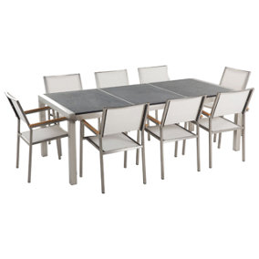 8 Seater Garden Dining Set Black Granite Triple Plate Top with White Chairs GROSSETO
