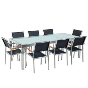 8 Seater Garden Dining Set Cracked Glass Top with Black Chairs GROSSETO
