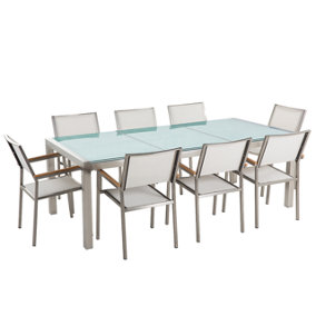 8 Seater Garden Dining Set Cracked Glass Top with White Chairs GROSSETO