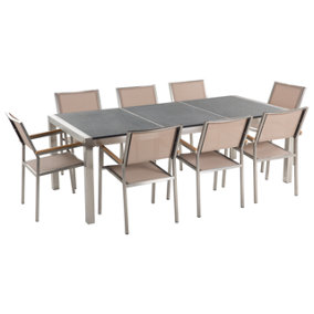 8 Seater Garden Dining Set Grey Granite Top and Beige Chairs GROSSETO