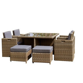 8 Seater Garden Furniture Set - 9 Piece - Deluxe Rattan Cube Set - 125cm Table + 4 Folding Backrests & Footstools + Cushions
