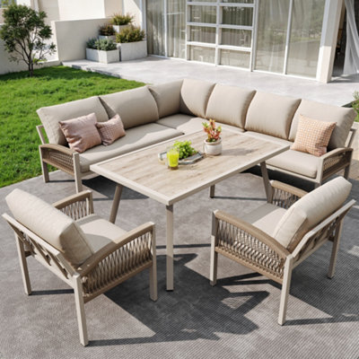 8-Seater Modular Garden Lounge Set with Adjustable Legs, Ropework & Wood Grain Table