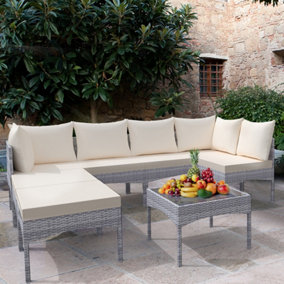 8-Seater Rattan Furniture Set, Outdoor Patio Corner Sofa Set with Cushioned Seats and Tempered Glass Table