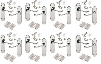 8 Sets Epsom Design Victorian Shaped Backplate Scroll Style Scroll Door Handles with Hinges and Latches - Polished Chrome