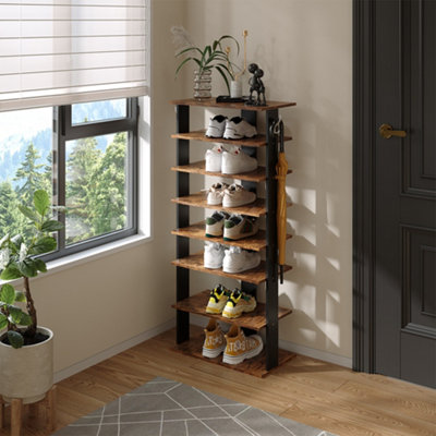 8 Tier Rectangular Stable and Heavy-duty Original Wood Color Particle Board Shoe Rack with Hooks